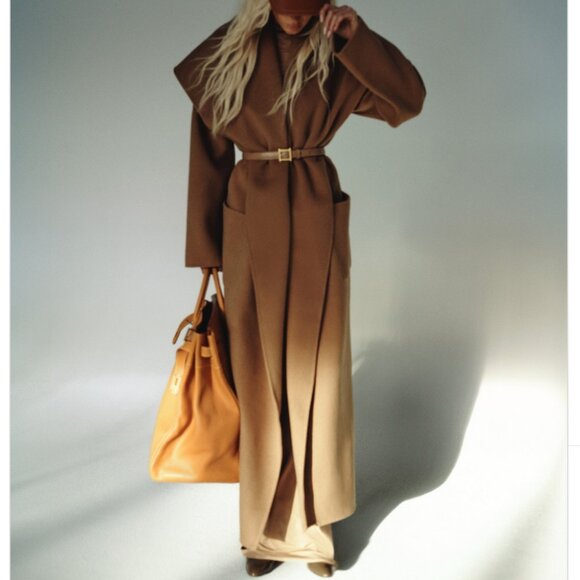 BEST Helsa Revolve The Throw Long Coat Camel Tan Wool Classic Quiet Lux - Picture 1 of 12